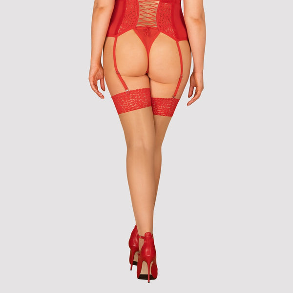 Nudefarbene Straps-Strümpfe Blossmina mit roten Spitzen-Abschlüssen von Obsessive – Ansicht 2