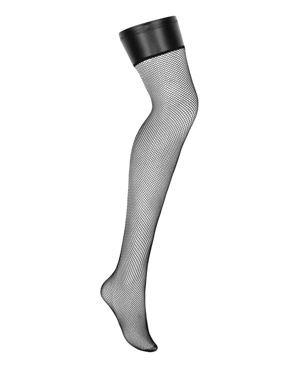 Schwarze Straps-Strümpfe Darkessia aus Stretchnetz mit Lederimitat-Abschluss von Obsessive – Ansicht 5