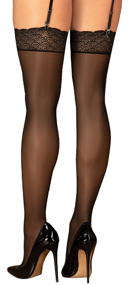 Schwarze Straps-Strümpfe Chemeris mit breiten Spitzen-Abschlüssen von Obsessive – Ansicht 2
