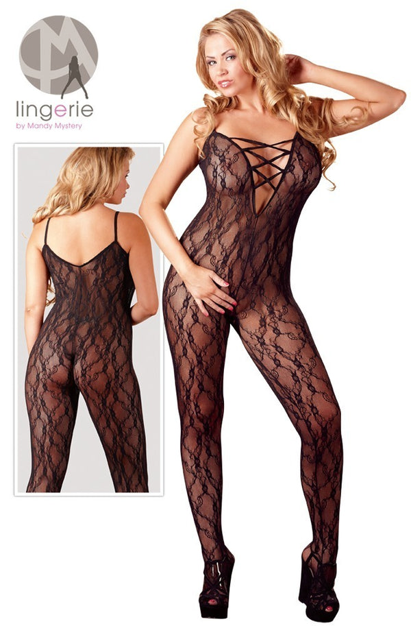 Schwarzer Catsuit aus Effekt-Spitze mit Schnür-Dekolleté und Fuß (offener Schritt) von NO:XQSE – Ansicht 21