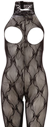 Schwarzer busenfreier Catsuit aus Effekt-Spitze mit Neckholder und Fuß von NO:XQSE – Ansicht 8