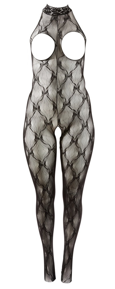 Schwarzer busenfreier Catsuit aus Effekt-Spitze mit Neckholder und Fuß von NO:XQSE – Ansicht 10