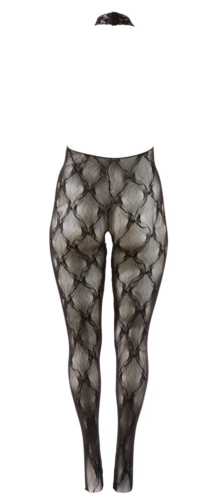 Schwarzer busenfreier Catsuit aus Effekt-Spitze mit Neckholder und Fuß von NO:XQSE – Ansicht 12