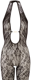 Schwarzer Netz-Catsuit mit Neckholder und Perlen-Dekolleté (offener Schritt) von NO:XQSE – Ansicht 4