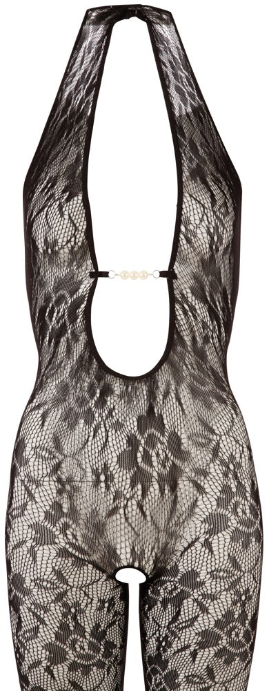 Schwarzer Netz-Catsuit mit Neckholder und Perlen-Dekolleté (offener Schritt) von NO:XQSE – Ansicht 4
