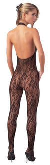 Schwarzer Netz-Catsuit mit Neckholder und Perlen-Dekolleté (offener Schritt) von NO:XQSE – Ansicht 3
