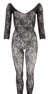 Schwarzer Catsuit in Blütenspitze-Optik mit Schnürung und Fuß (offener Schritt) von NO:XQSE – Ansicht 5