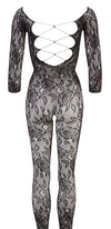 Schwarzer Catsuit in Blütenspitze-Optik mit Schnürung und Fuß (offener Schritt) von NO:XQSE – Ansicht 6