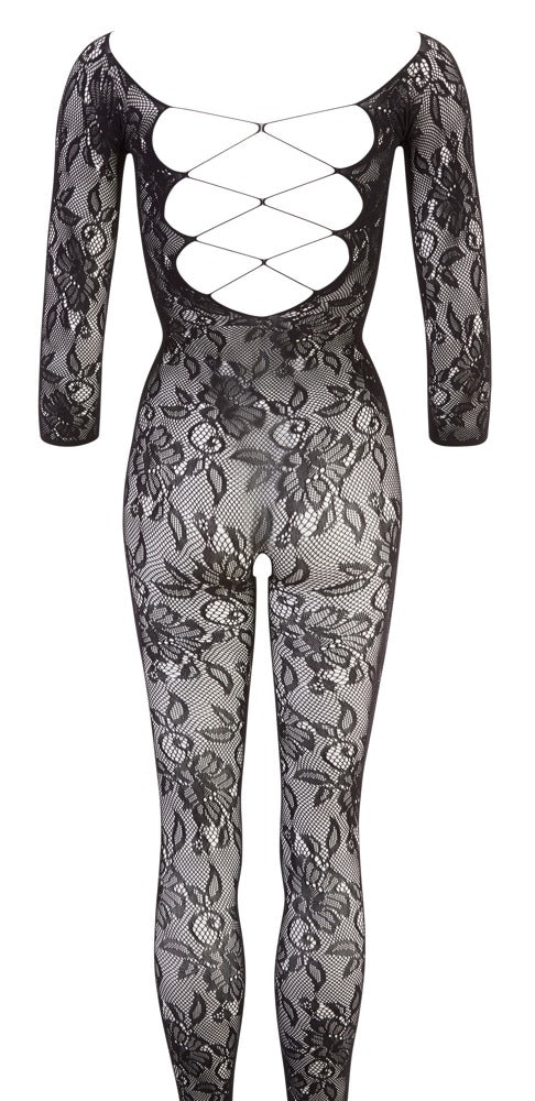 Schwarzer Catsuit in Blütenspitze-Optik mit Schnürung und Fuß (offener Schritt) von NO:XQSE – Ansicht 6