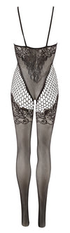 Schwarzer Catsuit mit Spitzen-Optik und Fuß (offener Schritt) von NO:XQSE – Ansicht 8