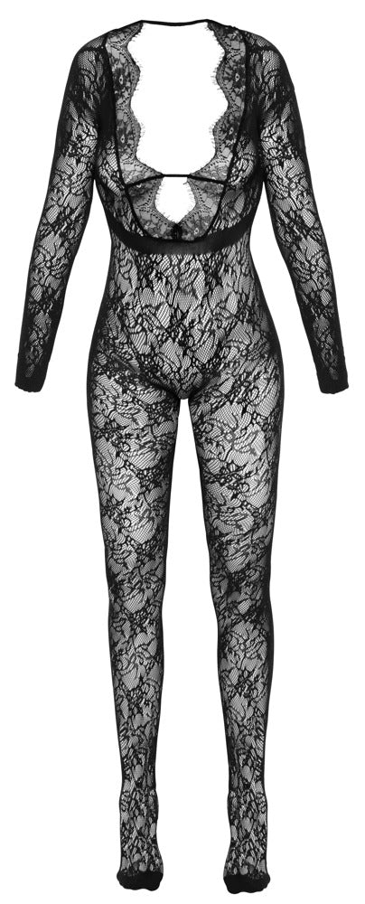 Schwarzer Langarm-Catsuit ouvert in Spitzenoptik mit Fuß und Eyelash-Spitze von Fantasy by Cottelli – Ansicht 6