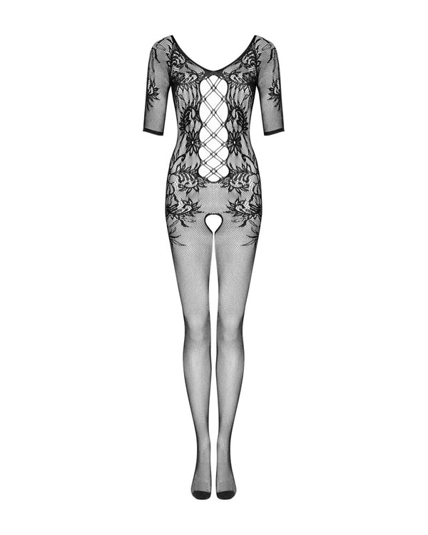 Schwarzes Bodystocking F238 aus Netz mit Blumenmotiv und Streifen von Obsessive – Ansicht 3
