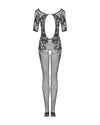 Schwarzes Bodystocking F238 aus Netz mit Blumenmotiv und Streifen von Obsessive – Ansicht 4