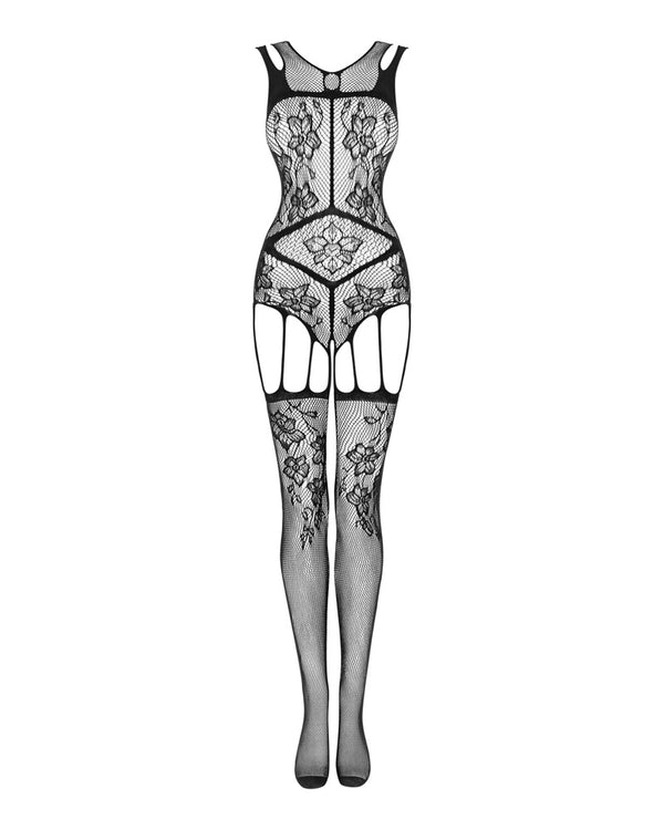 Schwarzes Bodystocking F239 als Teddy mit offenem Schritt und Netzstrümpfen von Obsessive – Ansicht 3
