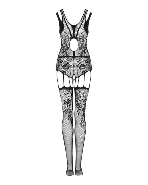 Schwarzes Bodystocking F239 als Teddy mit offenem Schritt und Netzstrümpfen von Obsessive – Ansicht 4