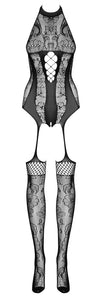 Schwarzer Catsuit ouvert F240 mit eingewebter Blüten-Optik von Obsessive – Ansicht 4
