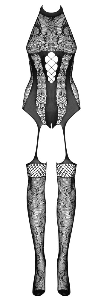 Schwarzer Catsuit ouvert F240 mit eingewebter Blüten-Optik von Obsessive – Ansicht 4