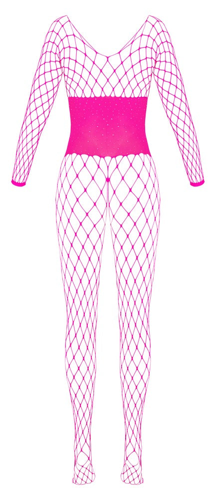 Pinkfarbener Langarm-Catsuit ouvert aus Netzmaschen mit Mieder-Optik und Strass von Fantasy by Cottelli – Ansicht 7