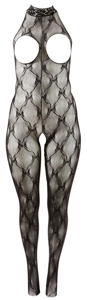 Schwarzer busenfreier Catsuit ouvert aus feiner Rautenspitze von Fantasy by Cottelli – Ansicht 6