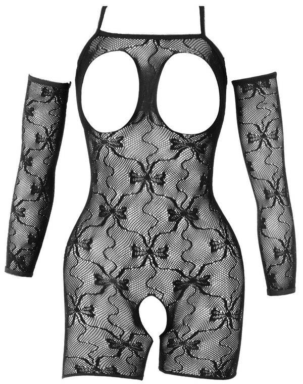 Schwarzer busenfreier Shorty Catsuit ouvert mit eleganten Armstulpen von Fantasy by Cottelli – Ansicht 6
