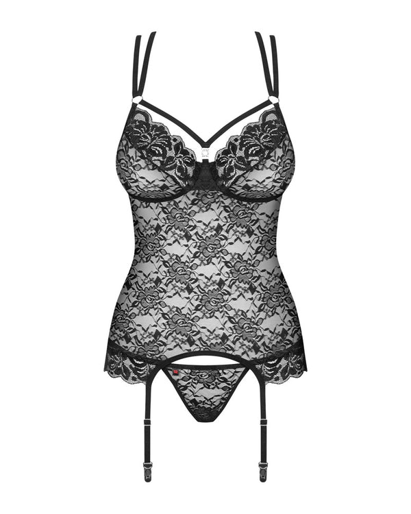 Schwarzes Set 860-COR-1 mit Strapshemd und String aus Blütenspitze von Obsessive – Ansicht 3