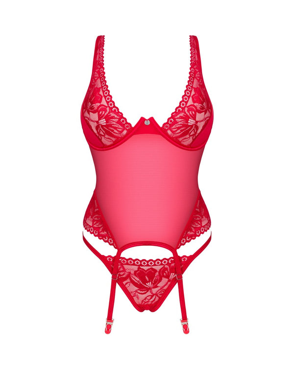 Rotes Lacelove Korsett mit Tanga in intensivem Rot von Obsessive – Ansicht 3