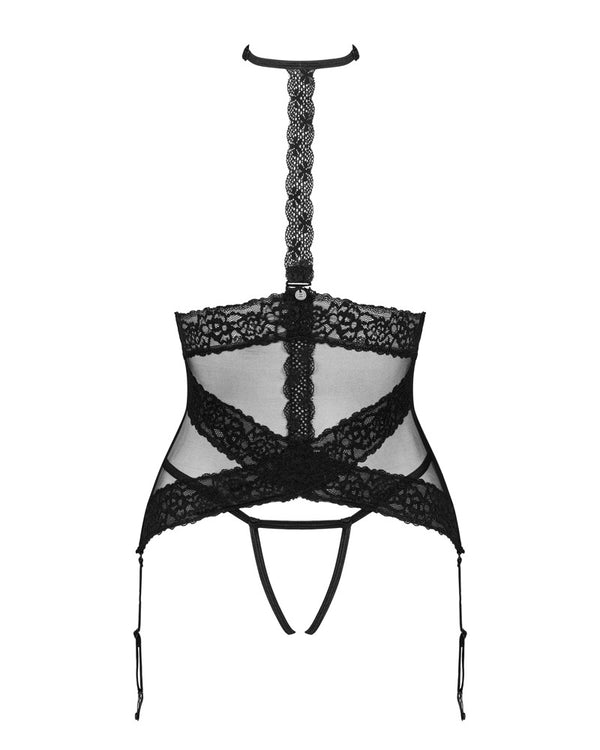 Schwarzes Lacrisia Korsett mit Tanga und geometrischem Muster von Obsessive – Ansicht 3