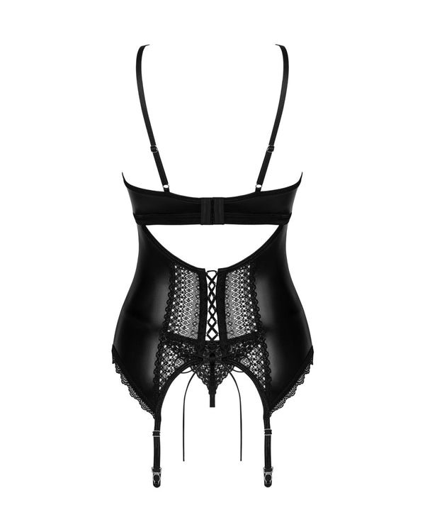 Schwarzes Set Norides mit Straps-Corsage und String im Wetlook von Obsessive – Ansicht 4