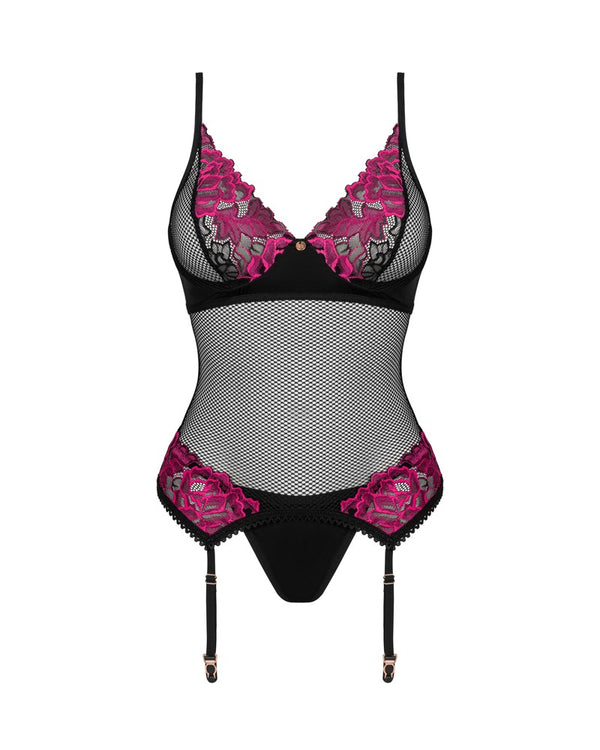 Schwarzes Set Rosenty mit Strapshemd und String und pinker Rosenspitze von Obsessive – Ansicht 3