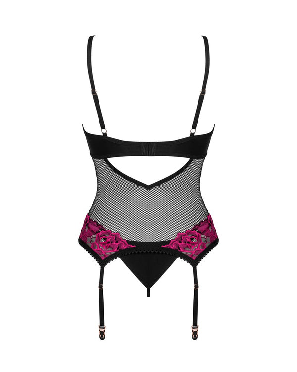 Schwarzes Set Rosenty mit Strapshemd und String und pinker Rosenspitze von Obsessive – Ansicht 4