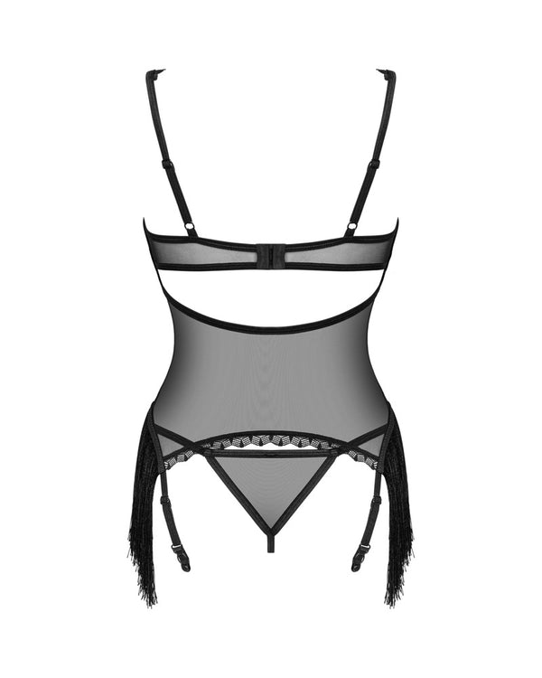 Schwarzes Set Sherila mit Strapshemd und String im Fransen-Look von Obsessive – Ansicht 4