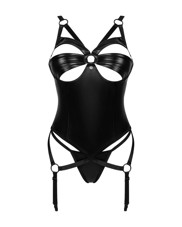 Schwarzes aufregendes Wetlook Strapshemd mit verführerischen Cut outs von Obsessive – Ansicht 3
