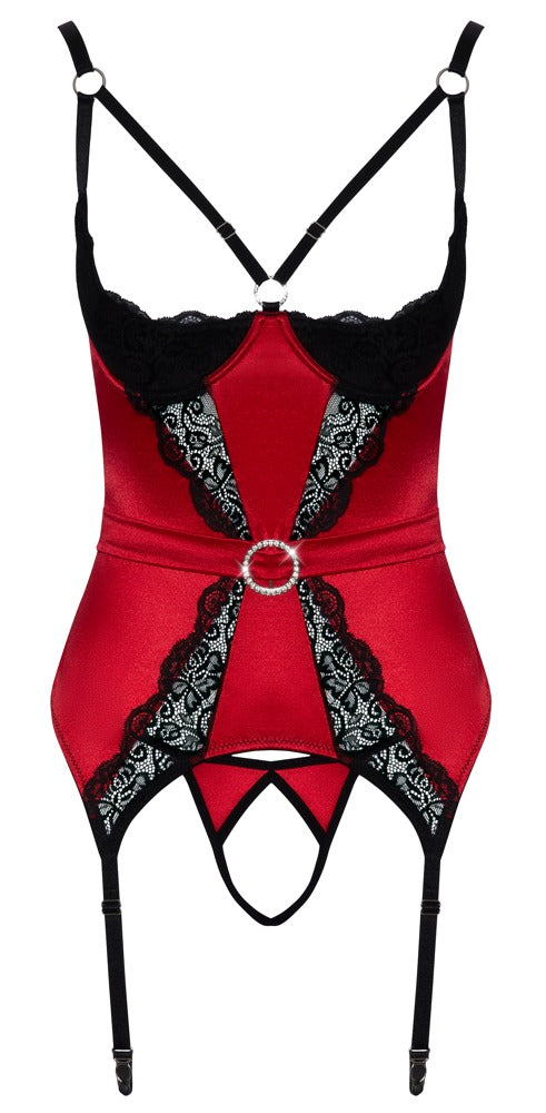 Rotes busenfreies Strapshemd-Set aus Stretch-Satin mit Spitze und Hebe (Ouvert) von Cottelli – Ansicht 6