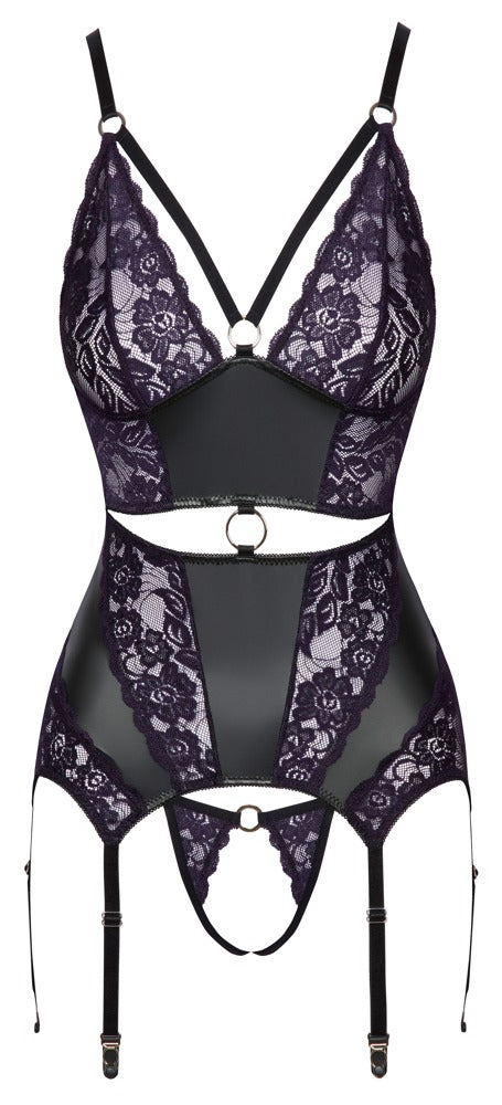 Schwarzes Strapshemd-Set im Mattlook mit lila Spitzen-Einsätzen (Ouvert) von Cottelli – Ansicht 7