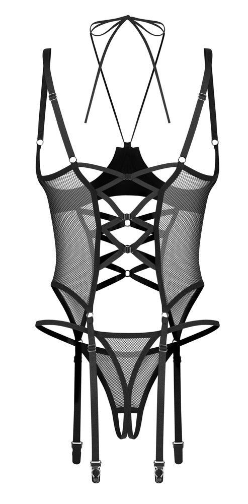 Schwarzes Set Dominna mit busenfreiem Strapshemd und String ouvert von Obsessive – Ansicht 4