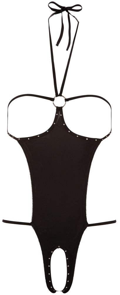 Schwarzer Body mit offenen Cups, Strass und Neckholder (offener Schritt) von NO:XQSE – Ansicht 4