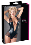 Schwarzer Body im Material-Mix aus Netz und Wetlook mit Reißverschluss von Cottelli PARTY