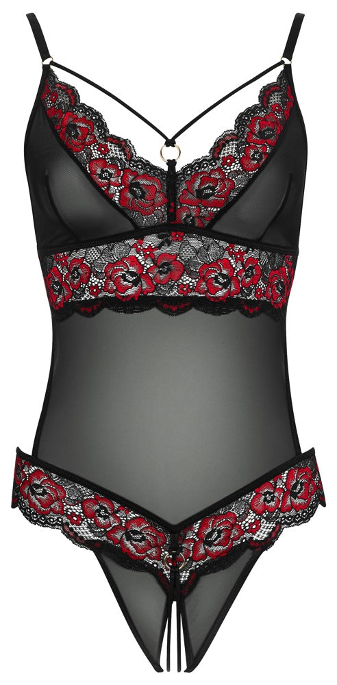 Schwarzer Body ouvert aus 2-farbiger floraler Spitze und Powernet von Cottelli – Ansicht 5