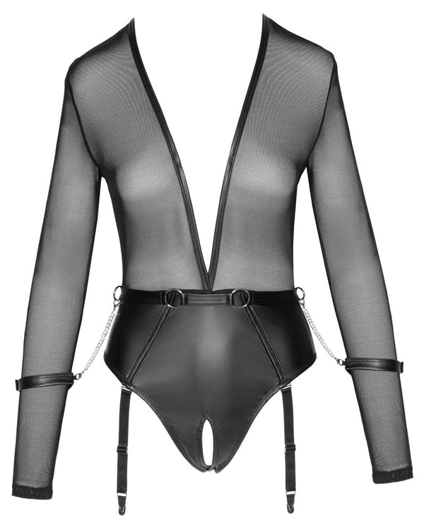 Schwarzer tief dekolletierter Straps-Body mit Powernet-Oberteil und offenem Slip von Cottelli BONDAGE – Ansicht 6