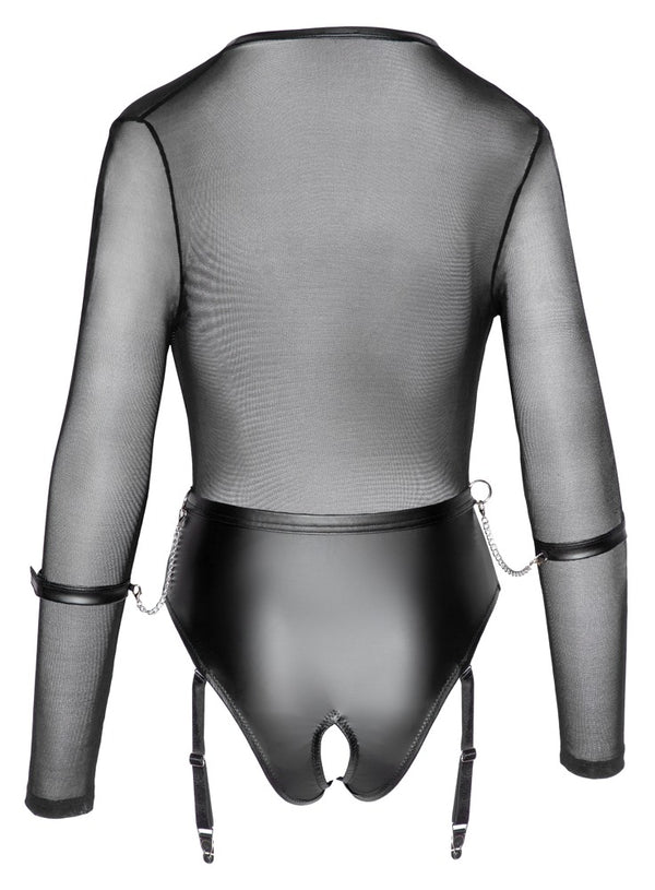 Schwarzer tief dekolletierter Straps-Body mit Powernet-Oberteil und offenem Slip von Cottelli BONDAGE – Ansicht 7