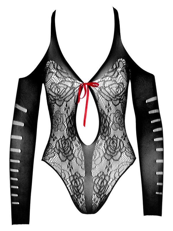 Schwarzer Body ouvert in Spitzenoptik mit Cut-outs und ¾-Arm von NO:XQSE – Ansicht 5