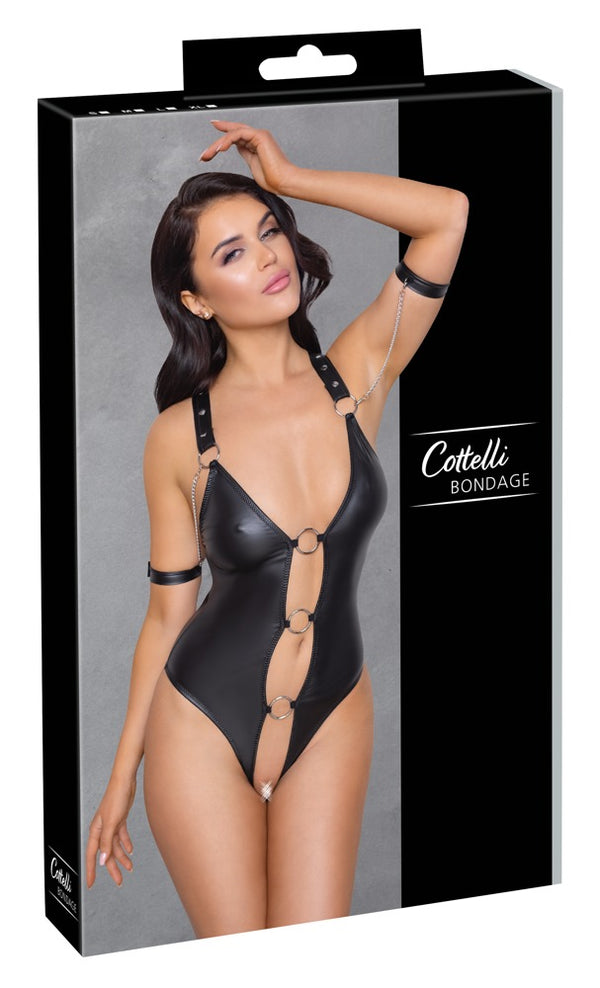 Schwarzer Stringbody ouvert im Mattlook mit Fesselriemen und Karabinerketten von Cottelli BONDAGE