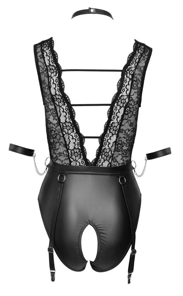 Schwarzer tief dekolletierter Strapsbody ouvert aus Spitze und Mattlook von Cottelli BONDAGE – Ansicht 7