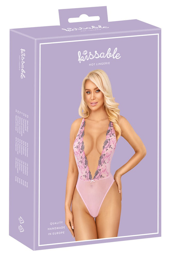 Rosafarbener verführerischer Body mit aufwendiger Floralstickerei von kissable