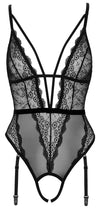 Schwarzer Stringbody aus Spitze und Powernet mit Samtband und tiefem Dekolleté von Cottelli – Ansicht 6