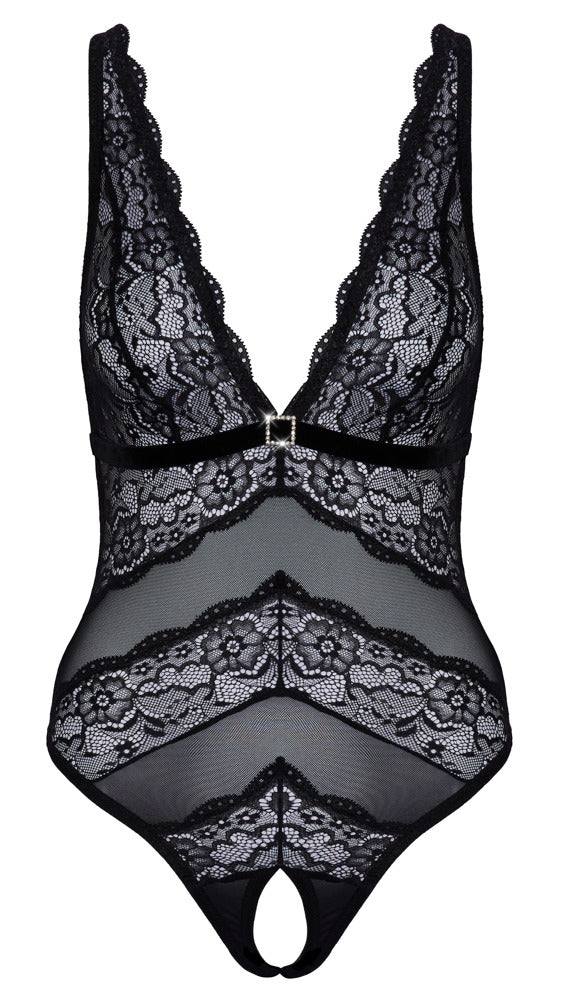 Schwarzer Riobody ouvert aus Powernet und Blütenspitze mit Strass-Element von Cottelli – Ansicht 8