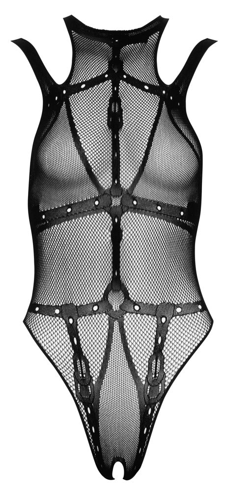 Schwarzer Body ouvert aus Netz in Bondage-Optik mit Doppel-Trägern von Fantasy by Cottelli – Ansicht 5