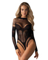 Schwarzer gemusterter Langarm-Body ouvert B135 aus Netz von Obsessive