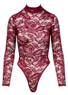 Bordeauxroter Langarm-Body aus Ornament-Spitze mit Stehkragen von Cottelli – Ansicht 5