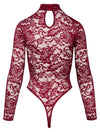 Bordeauxroter Langarm-Body aus Ornament-Spitze mit Stehkragen von Cottelli – Ansicht 6